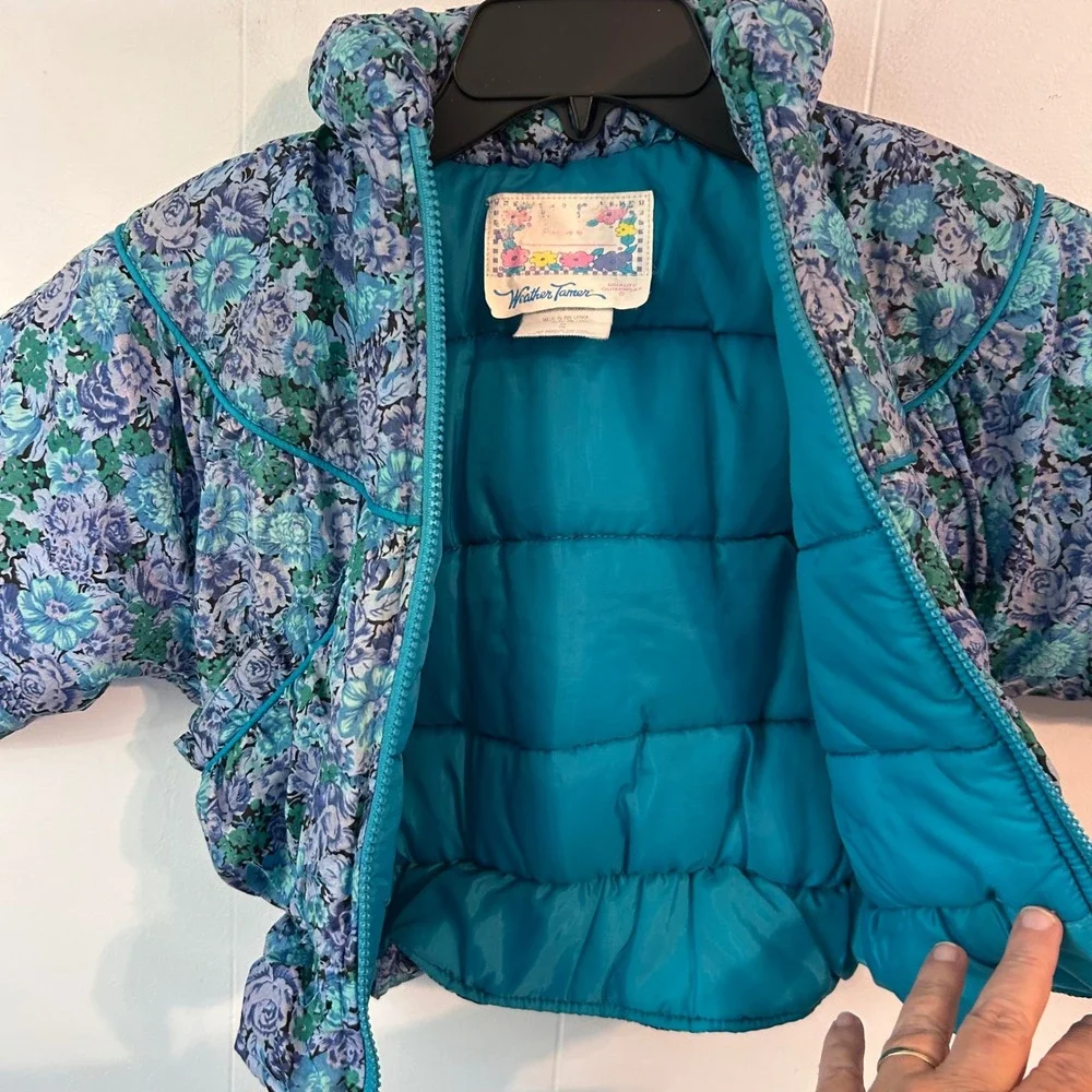 Vintage Weather Tamer Kids Blue Floral Puffer Jacket Batwing Sleeve Size M 3